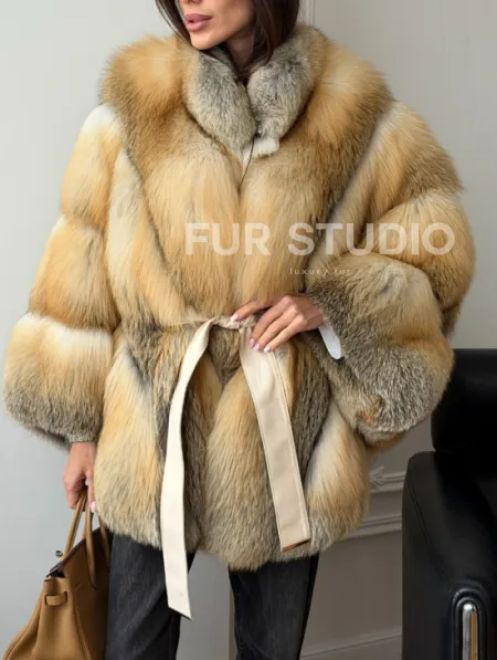 Шуба - пончо из лисы с поясом - фото 3