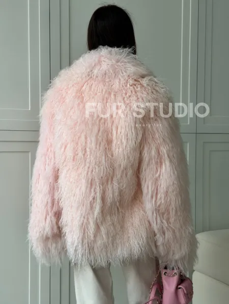 Шуба из меха ламы - цвет розовый - фото 4