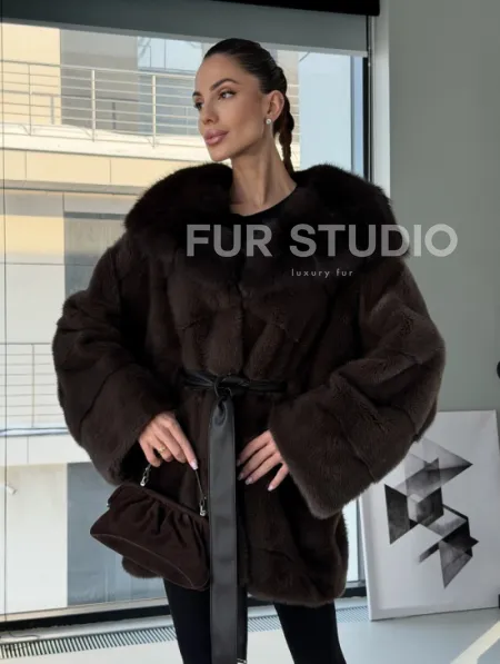 Норковая шуба кимоно с капюшоном куница - фото 12