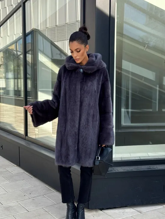 Норковая шуба с капюшоном,  роспуск - темный графит - фото 11