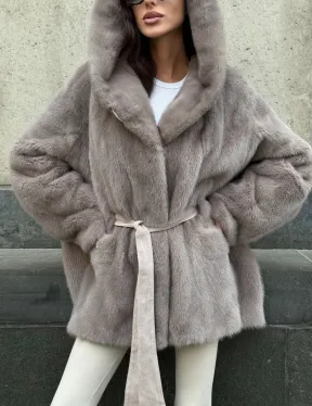 Шуба Oversize из меха цельной норки с капюшоном - фото 2