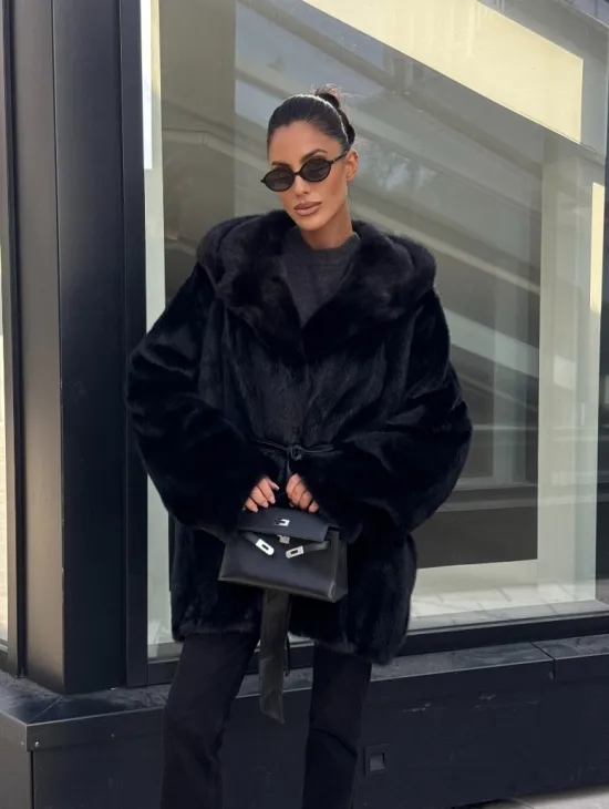 Шуба норковая натуральная с капюшоном кобра - накладные карманы - фото 8