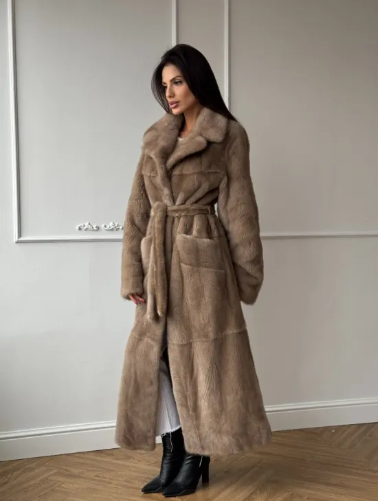 Длинная шуба прямого кроя из меха североамериканской норки с боковыми шлицами - фото 8