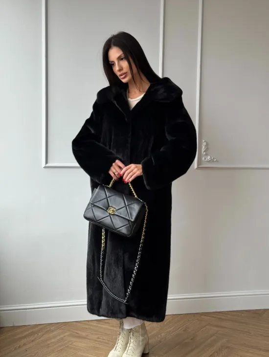 Натуральная черная женская шуба из меха норки Blackglama с капюшоном - фото 11