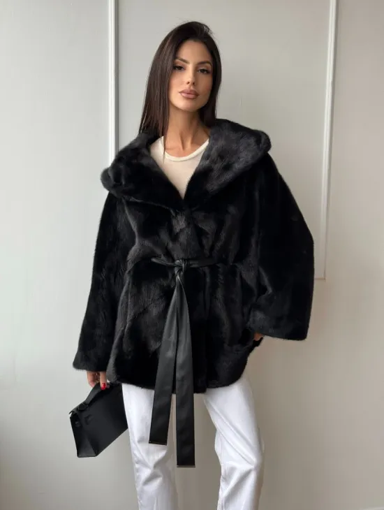 Летучая мышь шуба из меха норки Black с капюшоном - паркет - фото 5