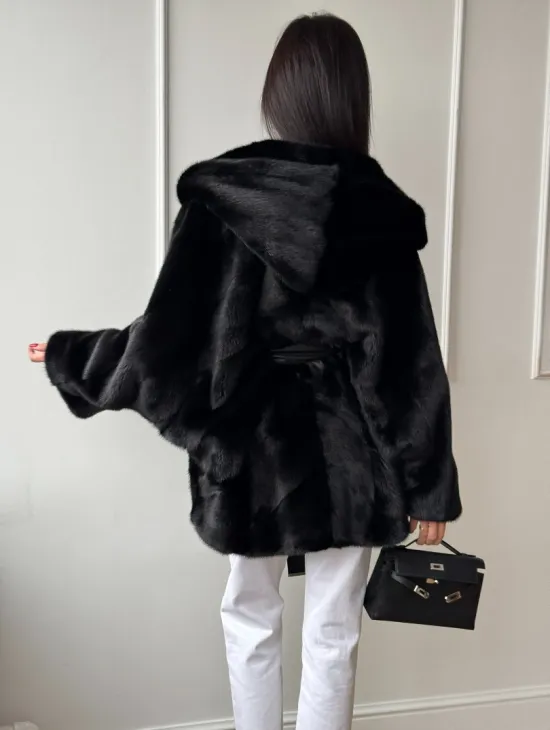 Летучая мышь шуба из меха норки Black с капюшоном - паркет - фото 4