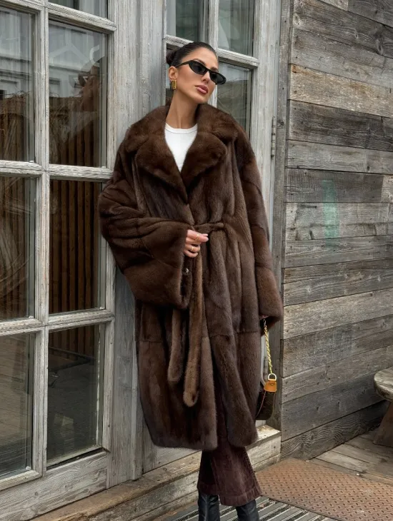 Шуба - кимоно Chic Fashion из норки орех с английским воротником - фото 9