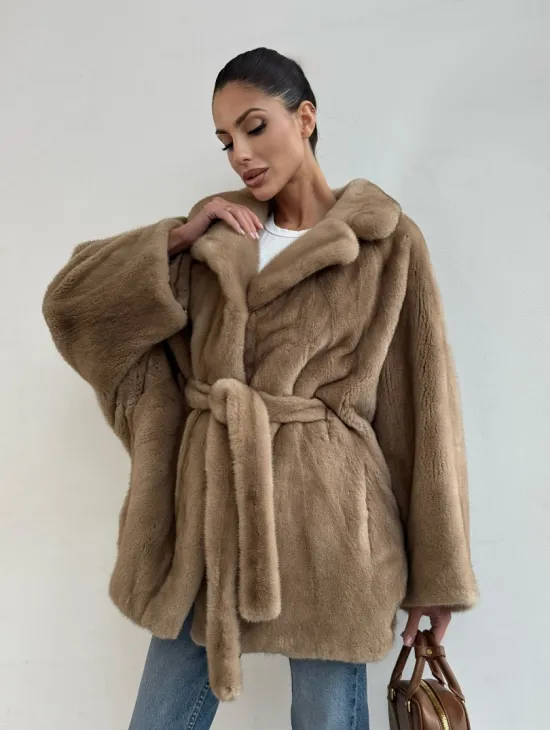 Шуба норковая SAGA FURS летучая мышь в натуральном цвете пастель - фото 6