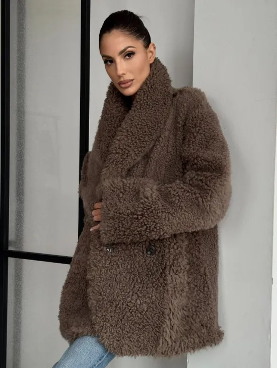 Женская двусторонняя дубленка из натуральной кожи - воротник шаль - фото 9