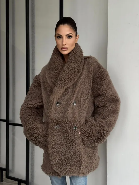 Женская двусторонняя дубленка из натуральной кожи - воротник шаль - фото 4