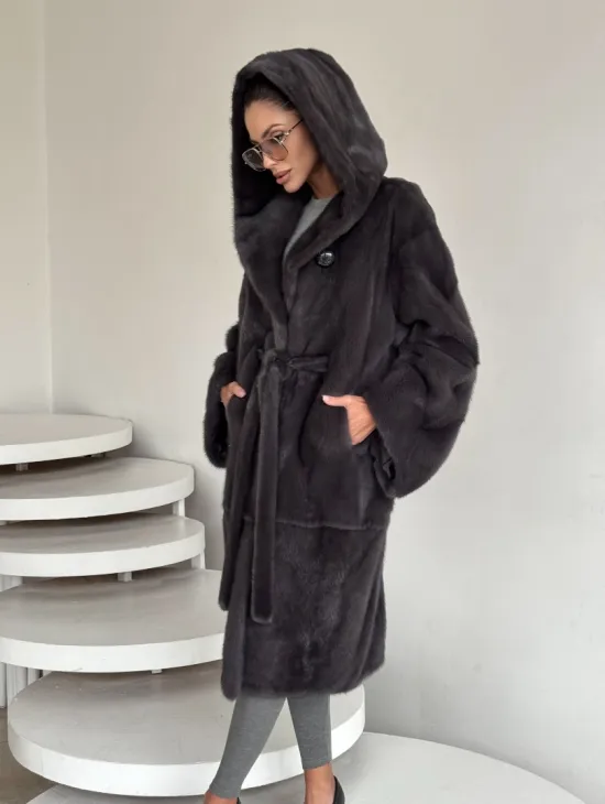 Зимняя норковая шуба с капюшоном - цвет графит - фото 6