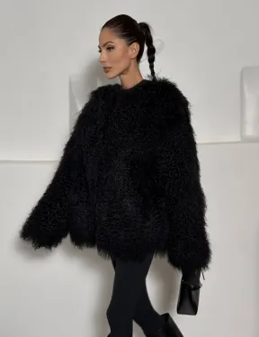 Черная шуба из меха ламы воротник шанель - фото 2