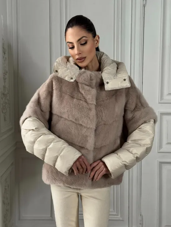 Норковый женский полушубок-жилет 2в1 в цвете «Нюд» - фото 3