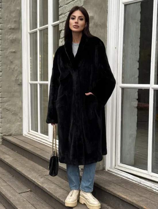 Шуба из норки Black в классической выкладке с воротником стойка-шаль - фото 4