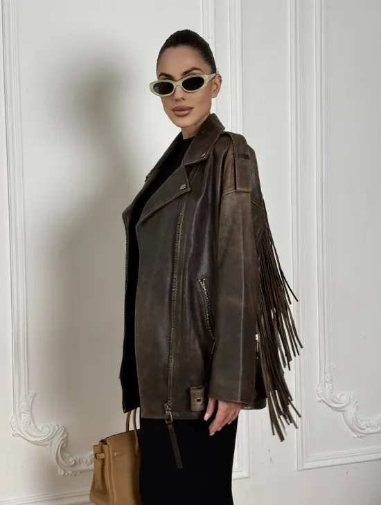 Косуха Vintage brown с кожаной бахромой на спине - фото 3