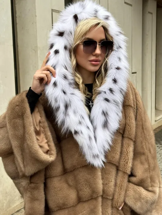 Норковая шуба больших размеров в стиле Бохо с капюшоном под рысь - фото 3