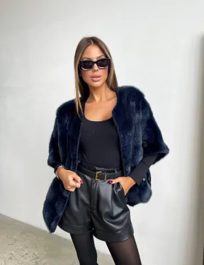 Норковый свитер на молнии в цвете индиго - фото 1