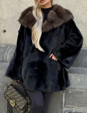 Черный норковый полушубок с капюшоном куница - фото 1