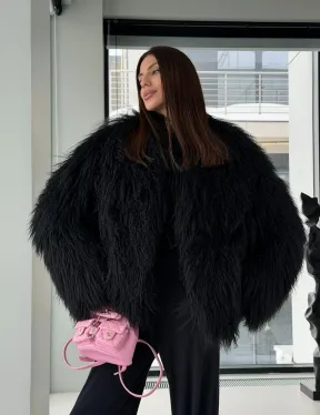 Полушубок черный из ламы - фото 17