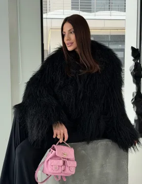 Полушубок черный из ламы - фото 14