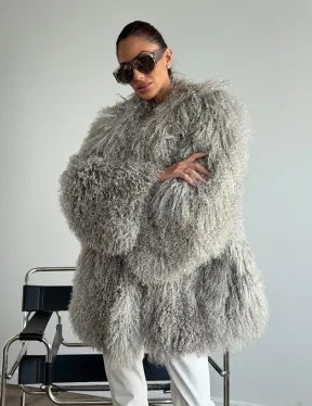 Серая шуба из ламы - фото 7