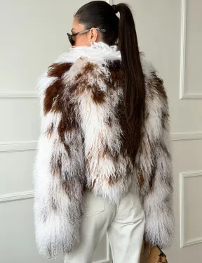 Шубка из ламы бело-коричневая - фото 3
