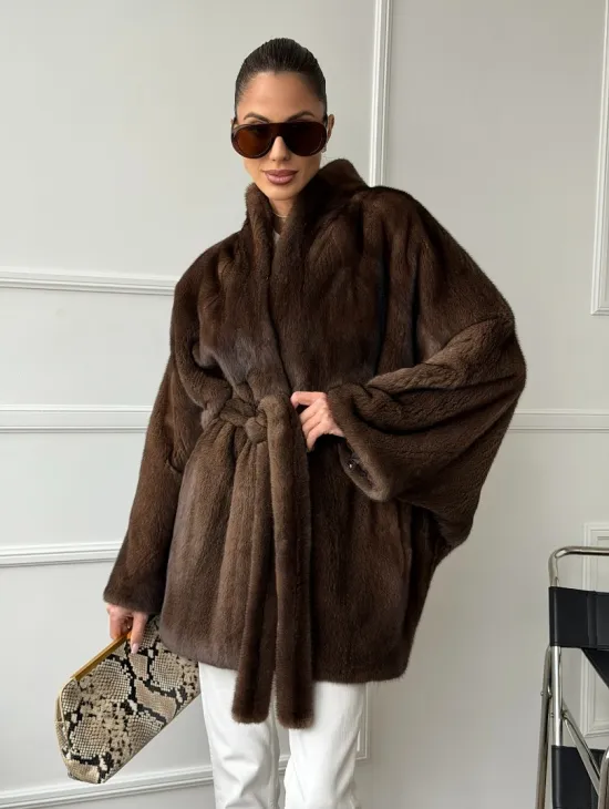 Норковый полушубок с меховым поясом - Летучая мышь - фото 10