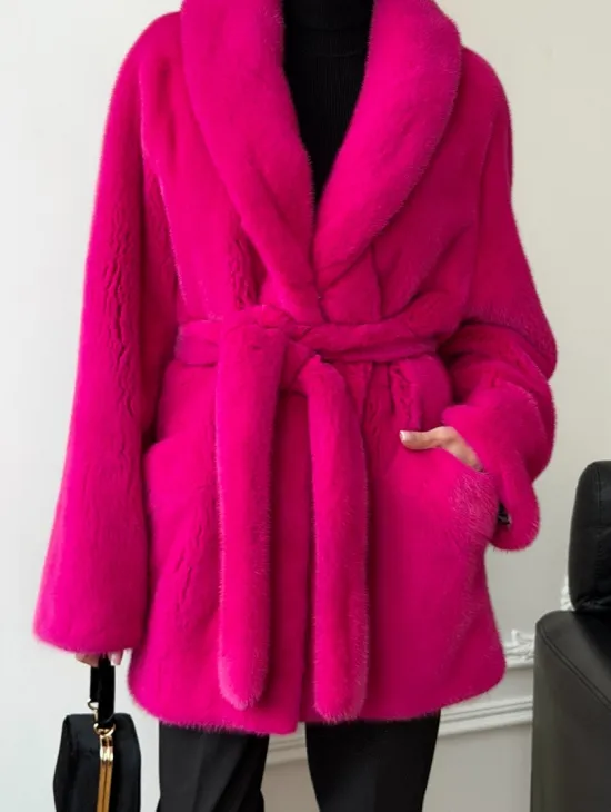 Шуба из плюшевой норки Velvet - фуксия - фото 2