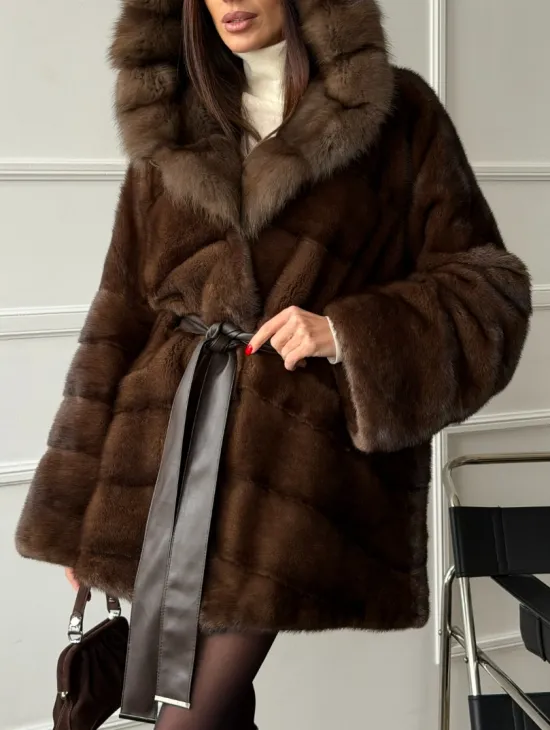 Шуба норка - кимоно с капюшоном - фото 1