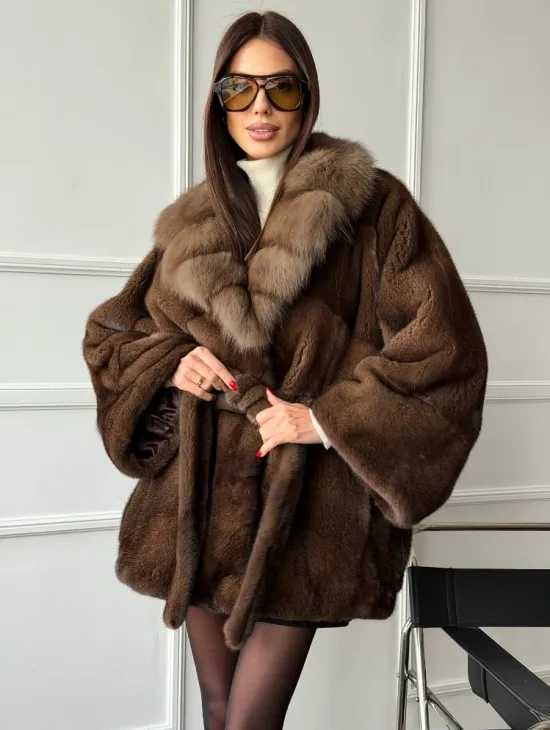 Полушубок автоледи норковый - воротник куница - фото 0