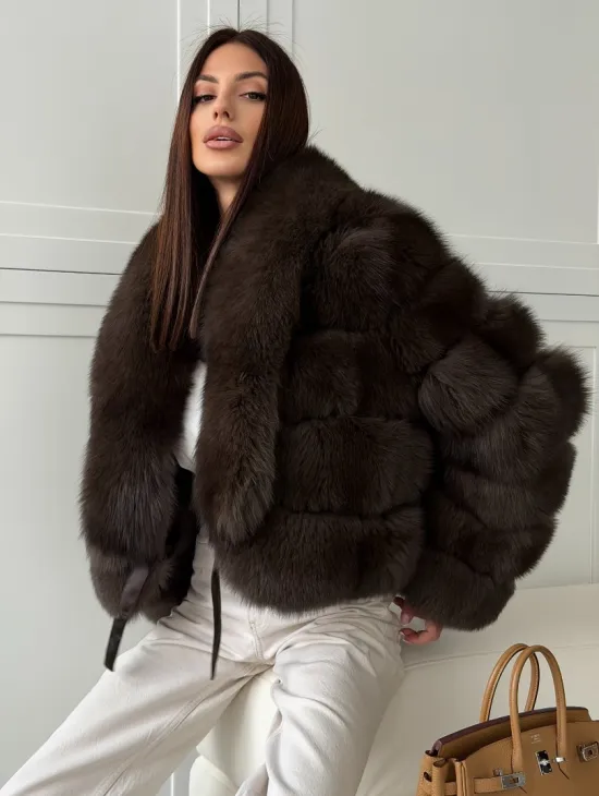 Полушубок-кроп из песца с шалевым воротником - фото 8