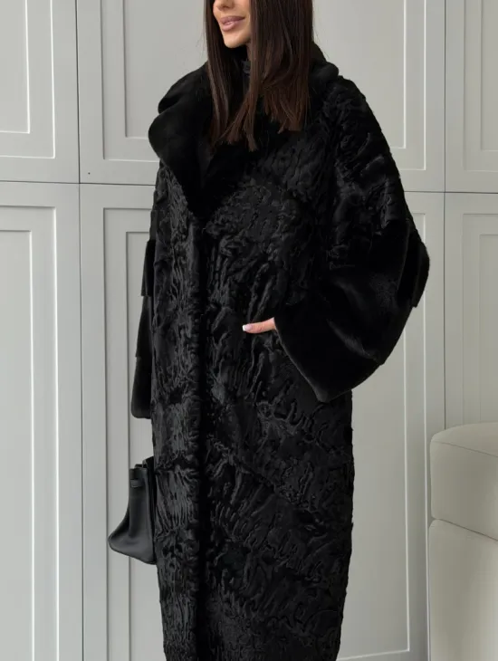 Черная шуба из каракуля с норкой - фото 3