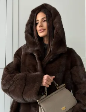 Норковая шуба в стиле «рубашка» с капюшоном - фото 9