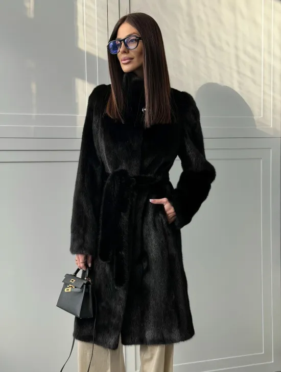 Черная норковая шуба - воротник стойка - фото 0