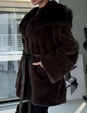 Норковая шуба кимоно с капюшоном куница - фото 2