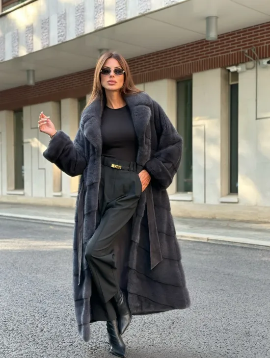 Графит длинная шуба из меха плюшевой норки VELVET - фото 0