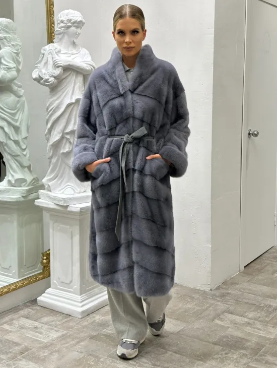 Норковая шуба воротник отворот - цвет сапфир - фото 3