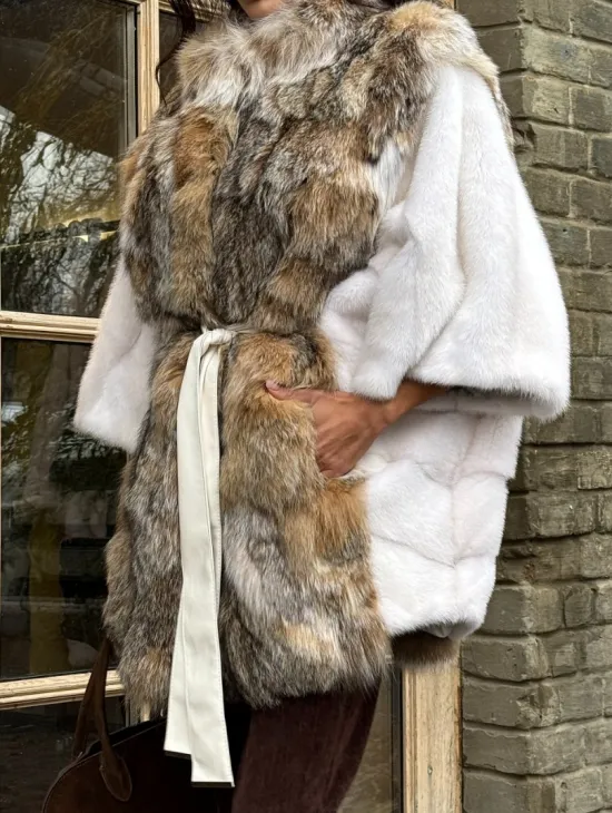 Норковая шуба летучая мышь, отделка из меха рыси - фото 1
