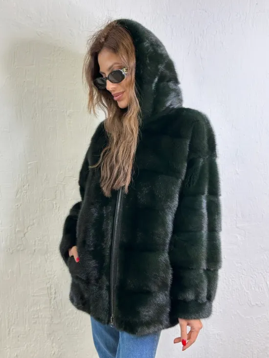 Короткая норковая шуба на молнии - цвет темный изумруд - фото 3