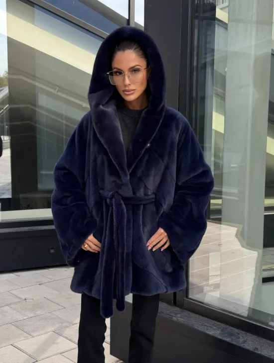 Шуба летучая мышь с капюшоном цвет аквамарин - паркетная раскладка - фото 10