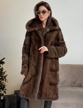 Норковая шуба с капюшоном в цвете орех - фото 0