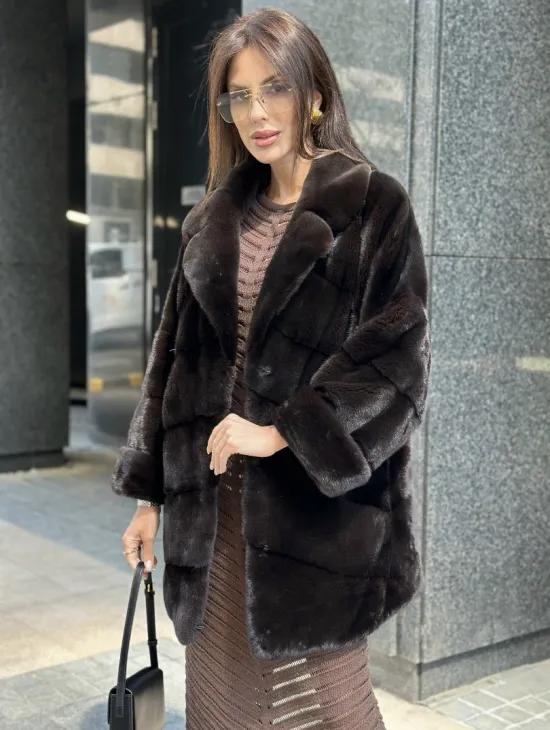 Укороченная норковая шуба в цвете шоколад - фото 0