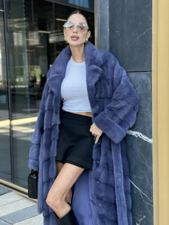 Норковая шуба с английским воротником - цвет джинс - фото 3