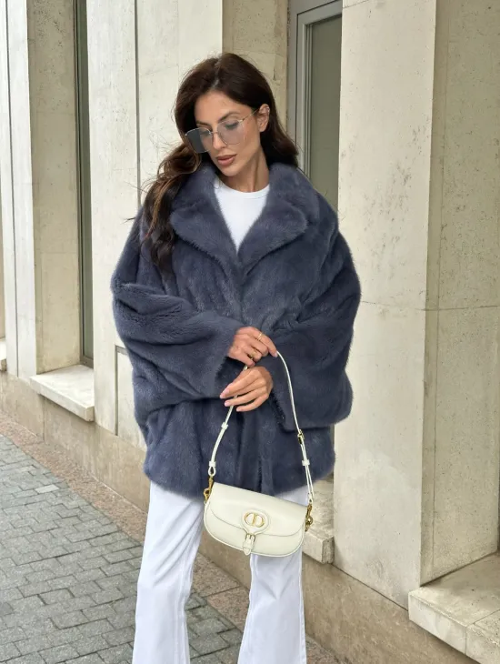 Шуба норковая летучая мышь - цвет джинс - фото 3