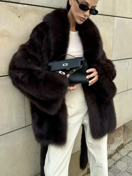 Шуба - жакет из меха куницы в цвете BURGUNDY - фото 4